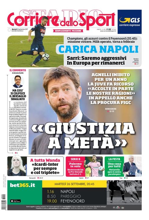 Quotidiani: la prima pagina di Qs, Stadio, Gazzetta, Corriere dello Sport, Tuttosport
