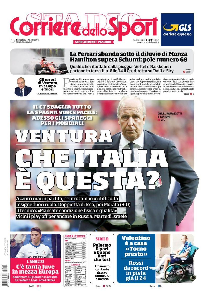 Quotidiani: la prima pagina di Qs, Stadio, Gazzetta, Corriere dello Sport, Tuttosport