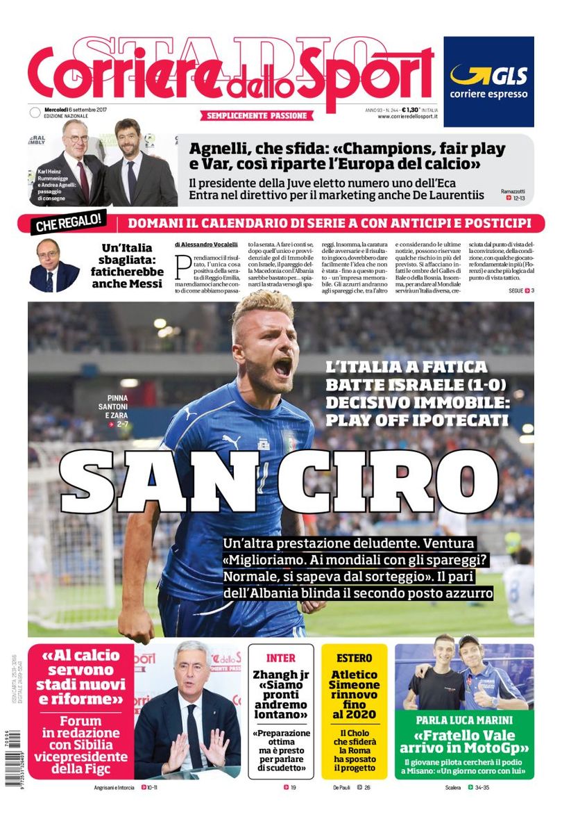 Quotidiani: la prima pagina di Qs, Stadio, Gazzetta, Corriere dello Sport, Tuttosport