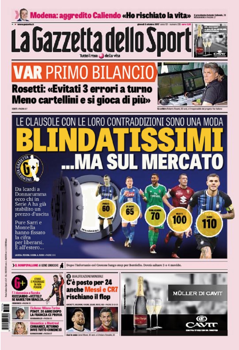 Quotidiani: la prima pagina di Qs, Stadio, Gazzetta, Corriere dello Sport, Tuttosport