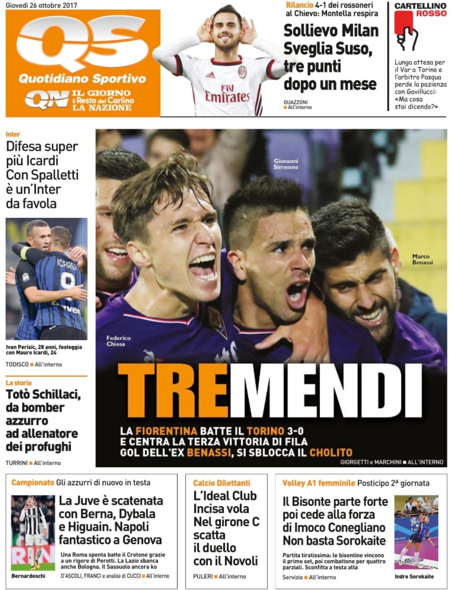 Quotidiani: la prima pagina di Qs, Stadio, Gazzetta, Corriere dello Sport, Tuttosport