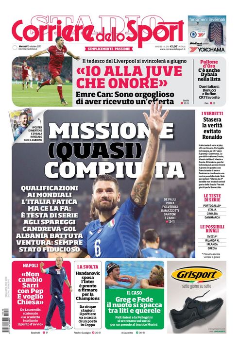 Quotidiani: la prima pagina di Qs, Stadio, Gazzetta, Corriere dello Sport, Tuttosport