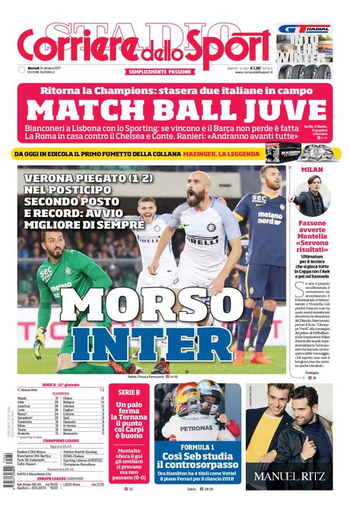 Quotidiani: la prima pagina di Qs, Stadio, Gazzetta, Corriere dello Sport, Tuttosport