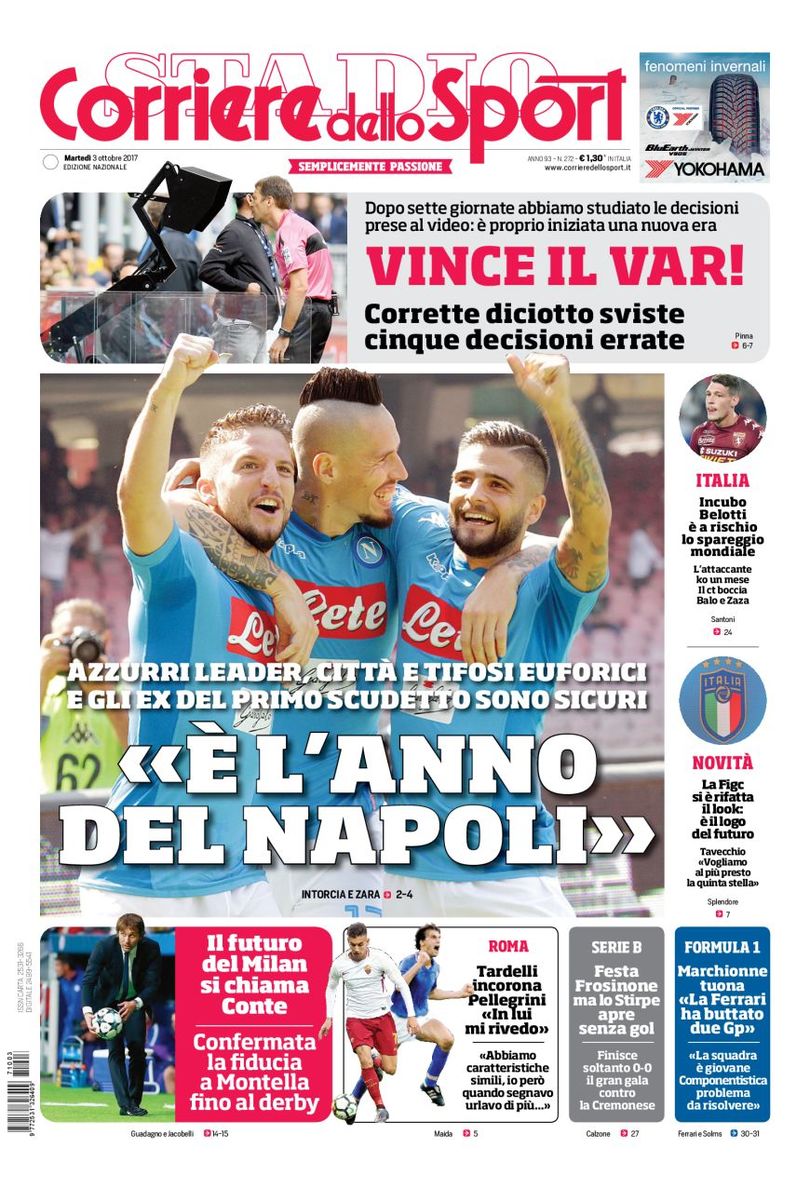 Quotidiani: la prima pagina di Qs, Stadio, Gazzetta, Corriere dello Sport, Tuttosport