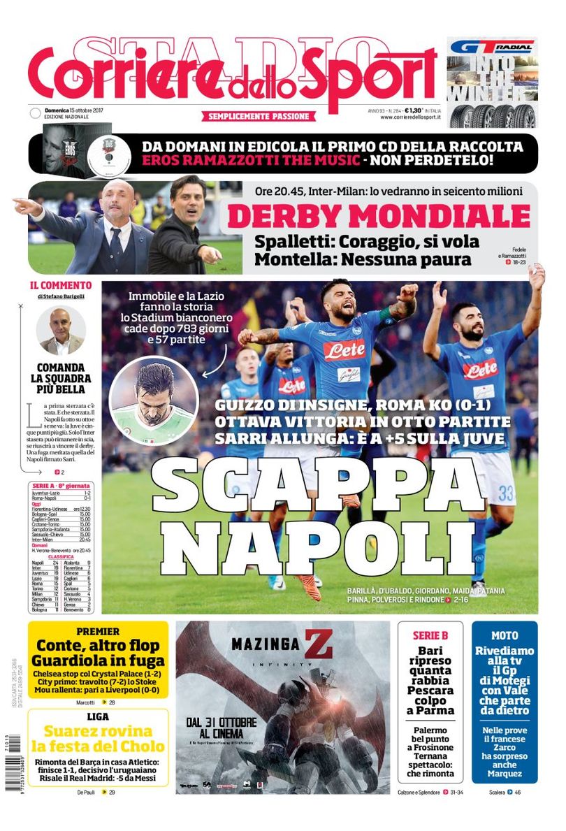 Quotidiani: la prima pagina di Qs, Stadio, Gazzetta, Corriere dello Sport, Tuttosport