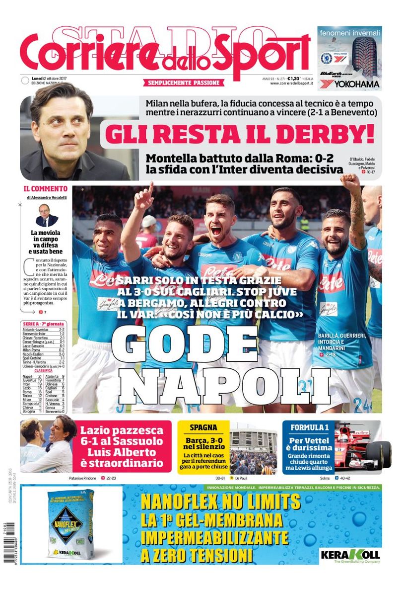 Quotidiani: la prima pagina di Qs, Stadio, Gazzetta, Corriere dello Sport, Tuttosport