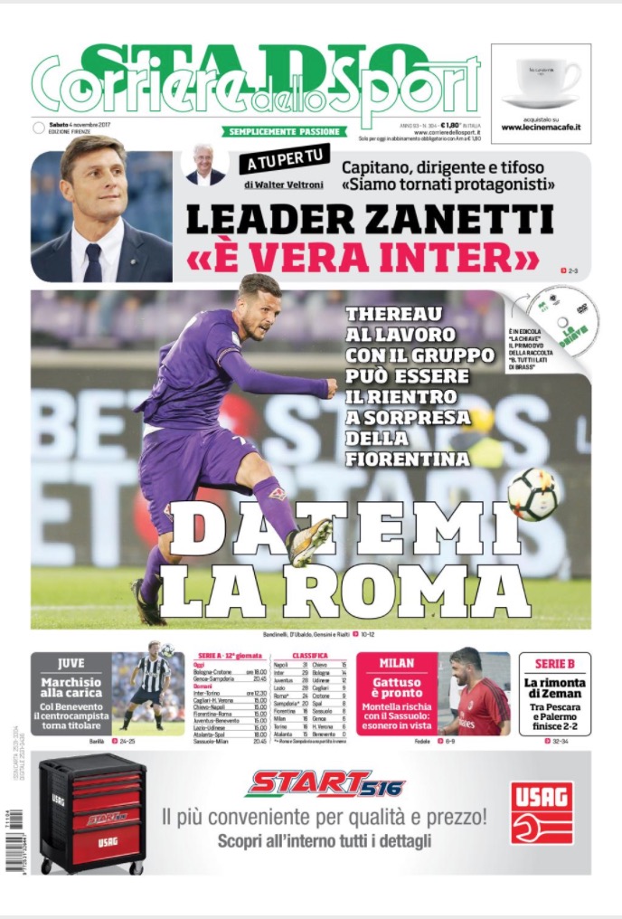 Quotidiani: la prima pagina di Qs, Stadio, Gazzetta, Corriere dello Sport, Tuttosport