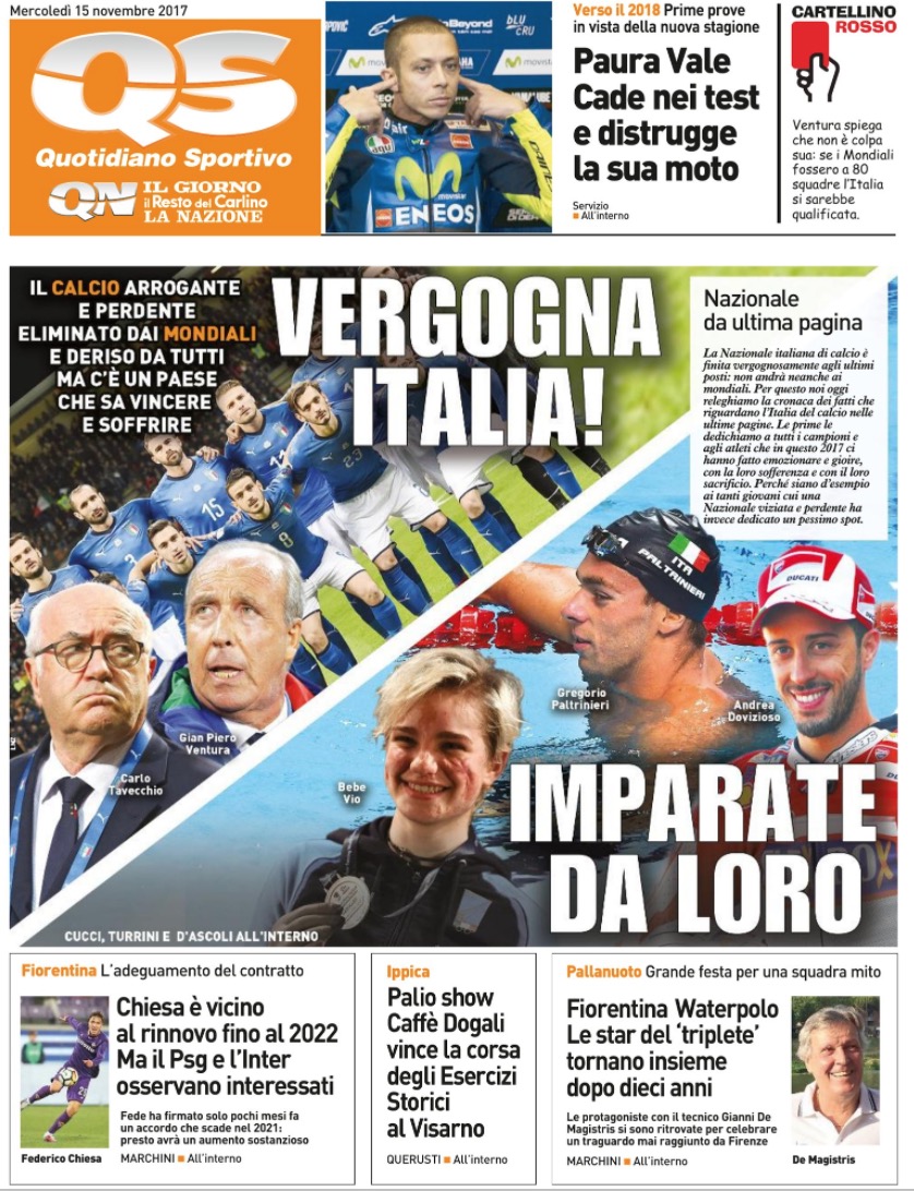 Quotidiani: la prima pagina di Qs, Stadio, Gazzetta, Corriere dello Sport, Tuttosport