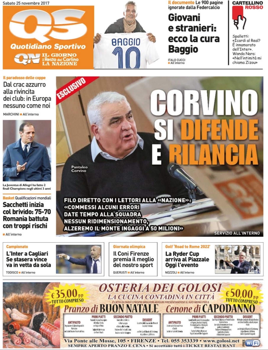 Quotidiani: la prima pagina di Qs, Stadio, Gazzetta, Corriere dello Sport, Tuttosport