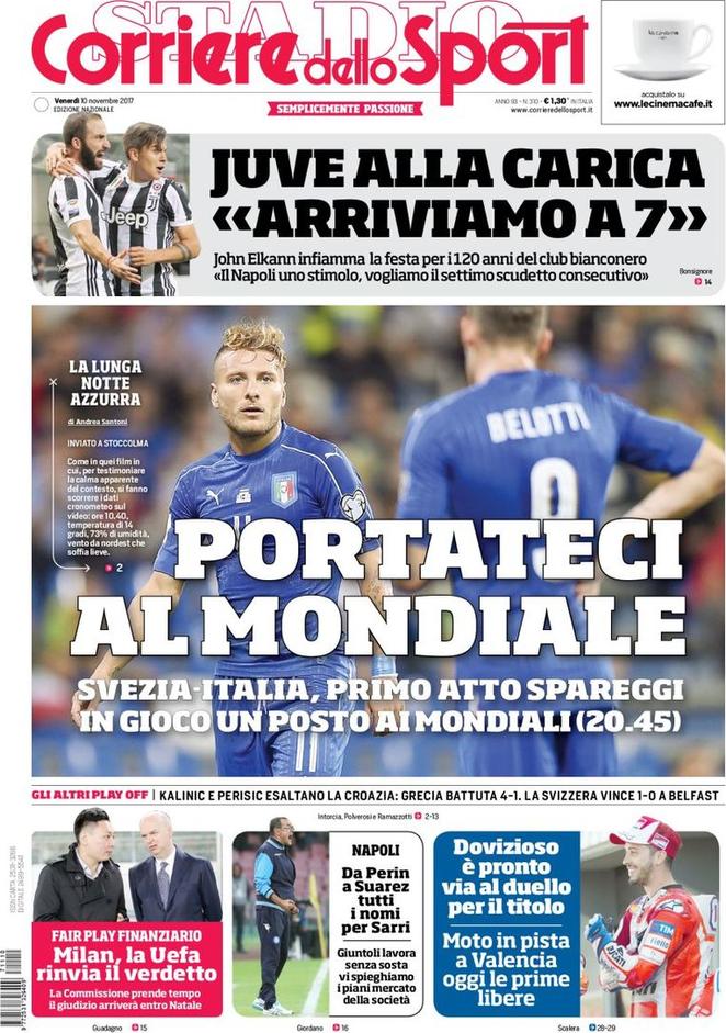 Quotidiani: la prima pagina di Qs, Stadio, Gazzetta, Corriere dello Sport, Tuttosport
