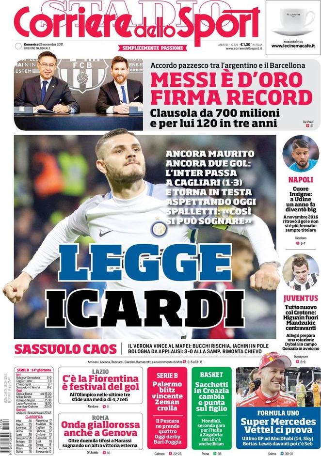 Quotidiani: la prima pagina di Qs, Stadio, Gazzetta, Corriere dello Sport, Tuttosport