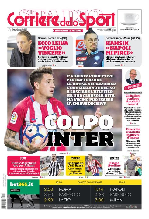 Quotidiani: la prima pagina di Qs, Stadio, Gazzetta, Corriere dello Sport, Tuttosport