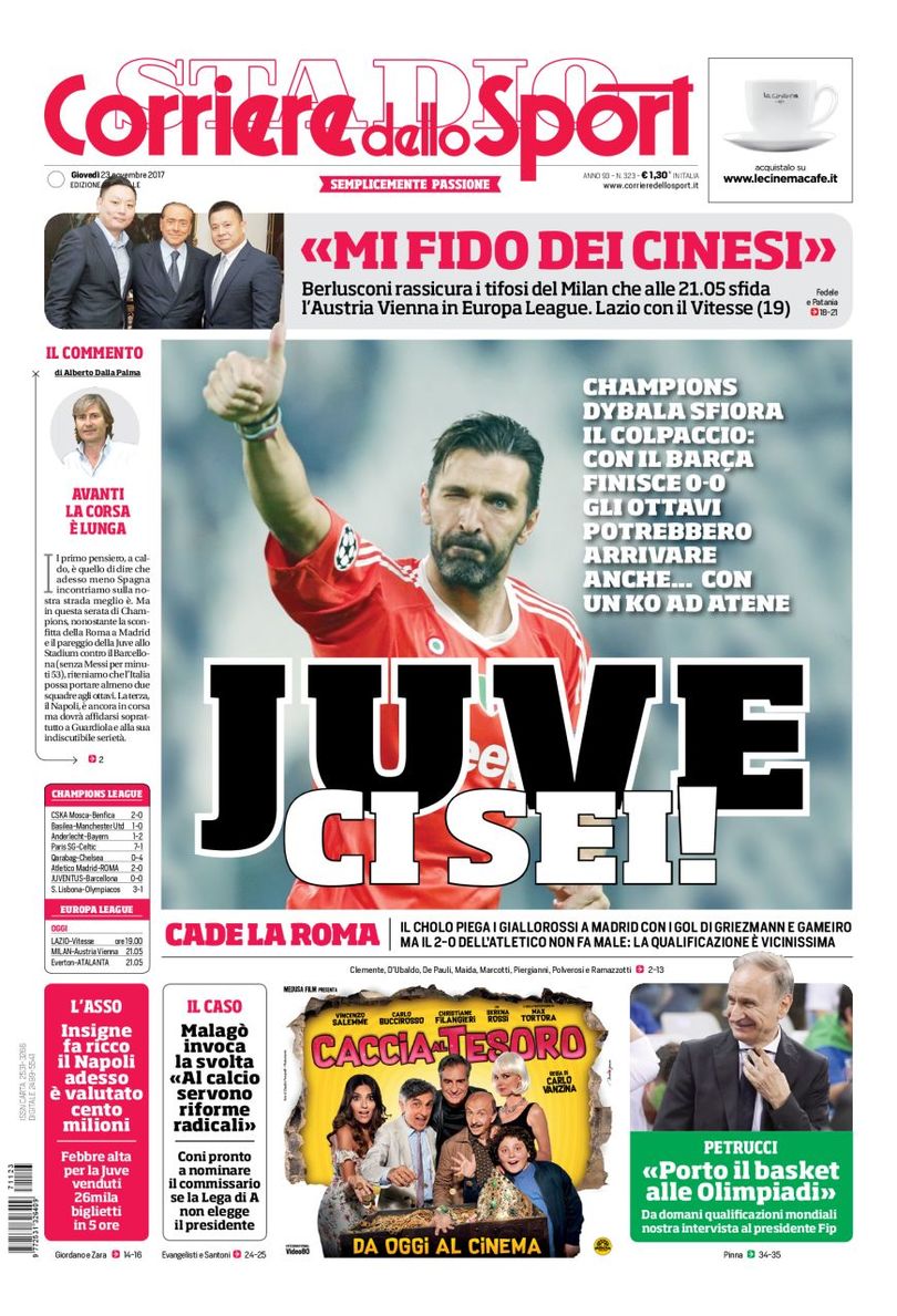 Quotidiani: la prima pagina di Qs, Stadio, Gazzetta, Corriere dello Sport, Tuttosport