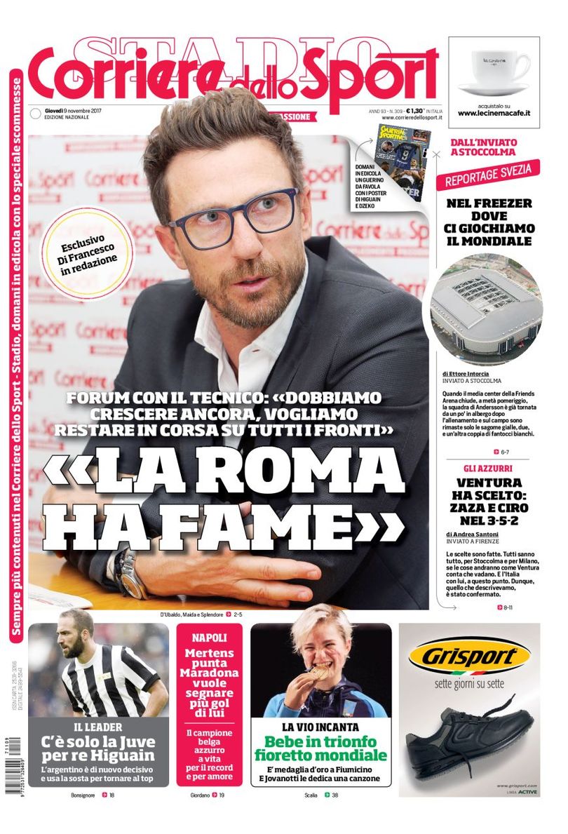 Quotidiani: la prima pagina di Qs, Stadio, Gazzetta, Corriere dello Sport, Tuttosport