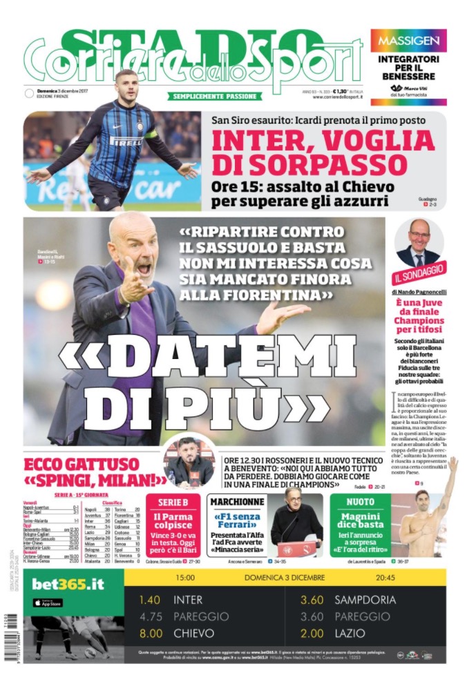 Quotidiani: la prima pagina di Qs, Stadio, Gazzetta, Corriere dello Sport, Tuttosport