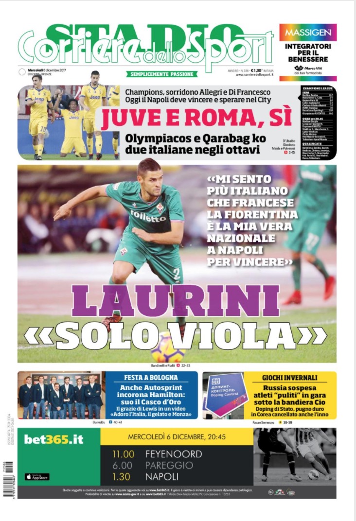 Quotidiani: la prima pagina di Qs, Stadio, Gazzetta, Corriere dello Sport, Tuttosport