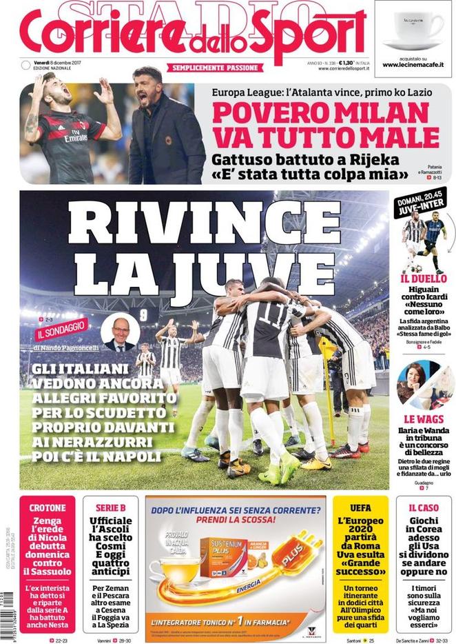 Quotidiani: la prima pagina di Qs, Stadio, Gazzetta, Corriere dello Sport, Tuttosport