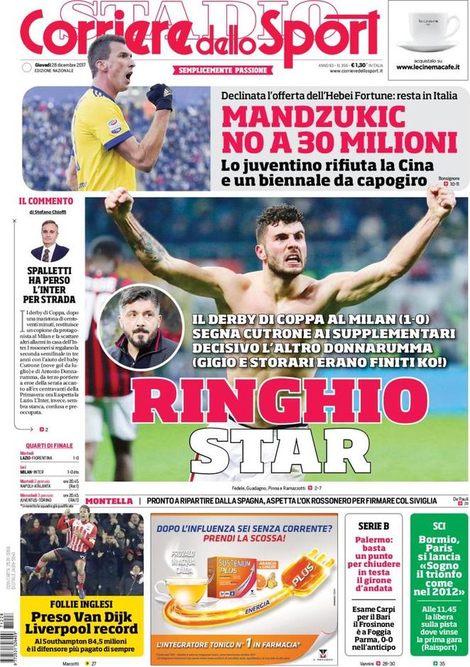 Quotidiani: la prima pagina di Qs, Stadio, Gazzetta, Corriere dello Sport, Tuttosport