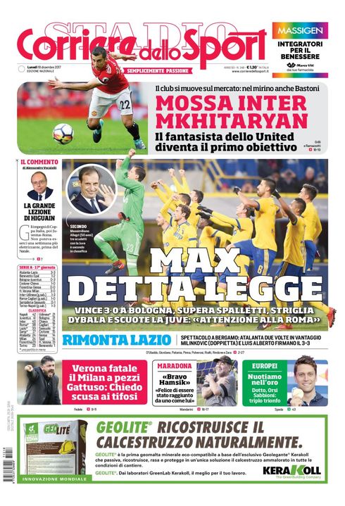 Quotidiani: la prima pagina di Qs, Stadio, Gazzetta, Corriere dello Sport, Tuttosport