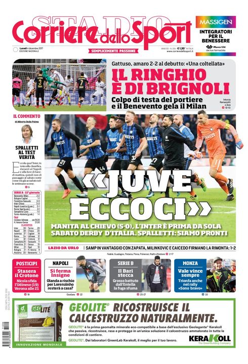 Quotidiani: la prima pagina di Qs, Stadio, Gazzetta, Corriere dello Sport, Tuttosport