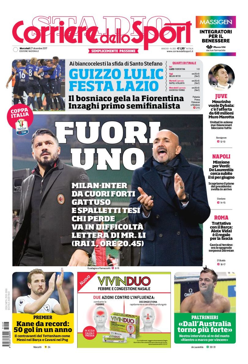 Quotidiani: la prima pagina di Qs, Stadio, Gazzetta, Corriere dello Sport, Tuttosport