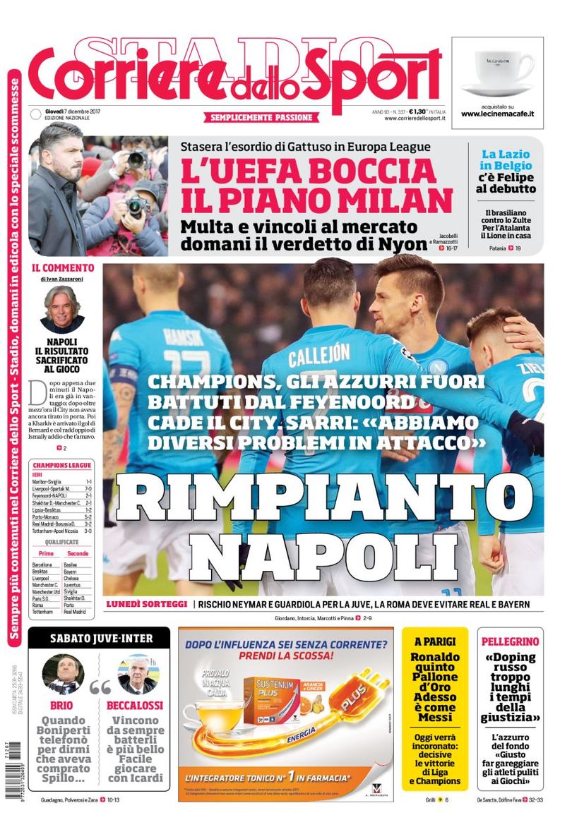 Quotidiani: la prima pagina di Qs, Stadio, Gazzetta, Corriere dello Sport, Tuttosport