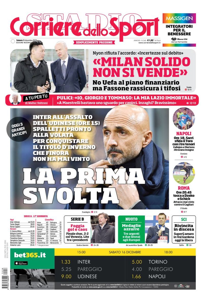 Quotidiani: la prima pagina di Qs, Stadio, Gazzetta, Corriere dello Sport, Tuttosport
