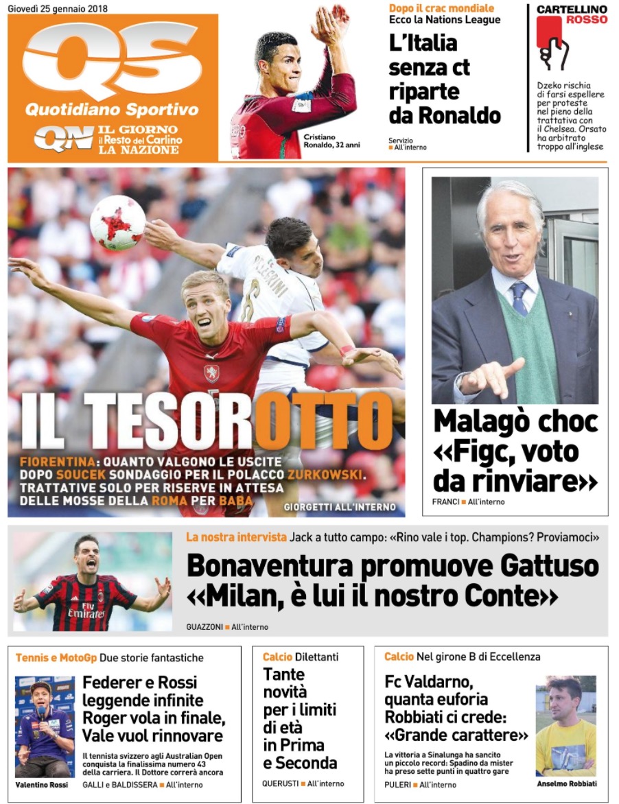 Quotidiani: la prima pagina di Qs, Stadio, Gazzetta, Corriere dello Sport, Tuttosport