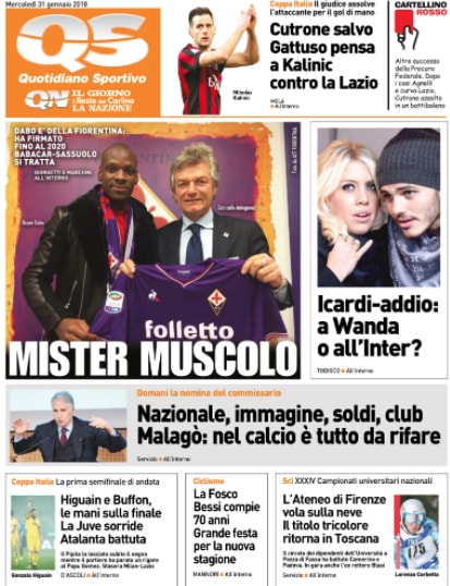 Quotidiani: la prima pagina di Qs, Stadio, Gazzetta, Corriere dello Sport, Tuttosport
