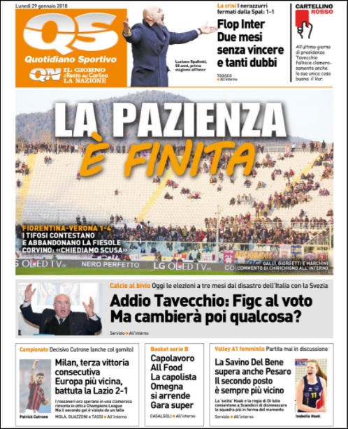 Quotidiani: la prima pagina di Qs, Stadio, Gazzetta, Corriere dello Sport, Tuttosport