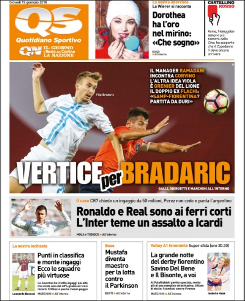 Quotidiani: la prima pagina di Qs, Stadio, Gazzetta, Corriere dello Sport, Tuttosport
