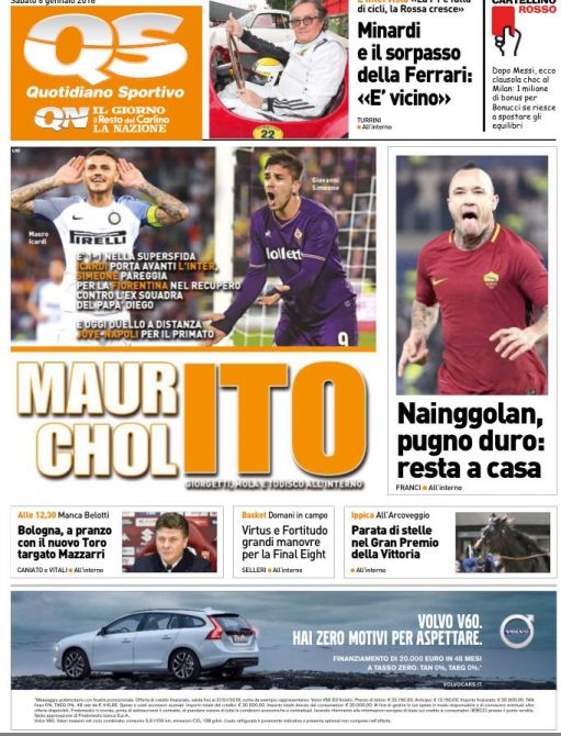 Quotidiani: la prima pagina di Qs, Stadio, Gazzetta, Corriere dello Sport, Tuttosport