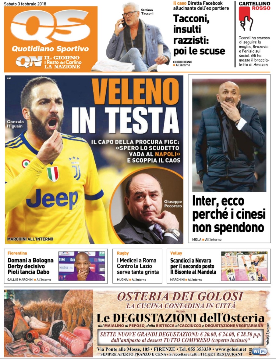 Quotidiani: la prima pagina di Qs, Stadio, Gazzetta, Corriere dello Sport, Tuttosport