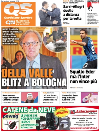 Quotidiani: la prima pagina di Qs, Stadio, Gazzetta, Corriere dello Sport, Tuttosport
