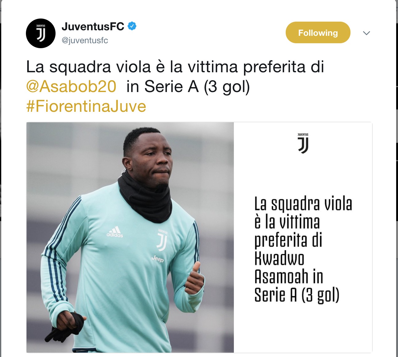 Il cinguettio della Juventus: "La Fiorentina è la vittima preferita di Asamoah" (FOTO)