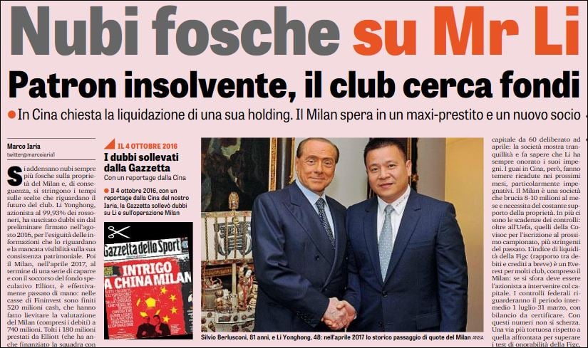 Milan, nubi fosche su Mr Li: patron insolvente, il club cerca fondi