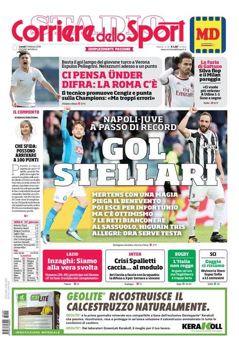 Quotidiani: la prima pagina di Qs, Stadio, Gazzetta, Corriere dello Sport, Tuttosport