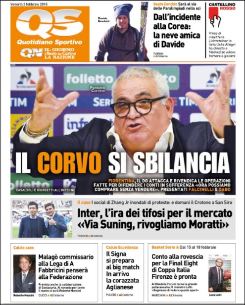 Quotidiani: la prima pagina di Qs, Stadio, Gazzetta, Corriere dello Sport, Tuttosport