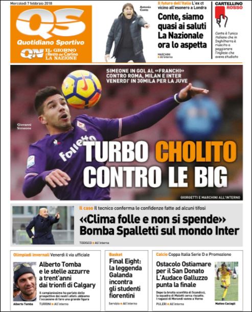 Quotidiani: la prima pagina di Qs, Stadio, Gazzetta, Corriere dello Sport, Tuttosport