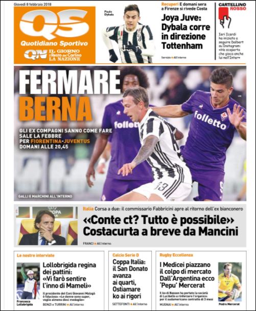Quotidiani: la prima pagina di Qs, Stadio, Gazzetta, Corriere dello Sport, Tuttosport