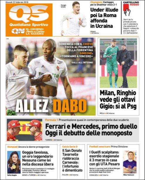 Quotidiani: la prima pagina di Qs, Stadio, Gazzetta, Corriere dello Sport, Tuttosport