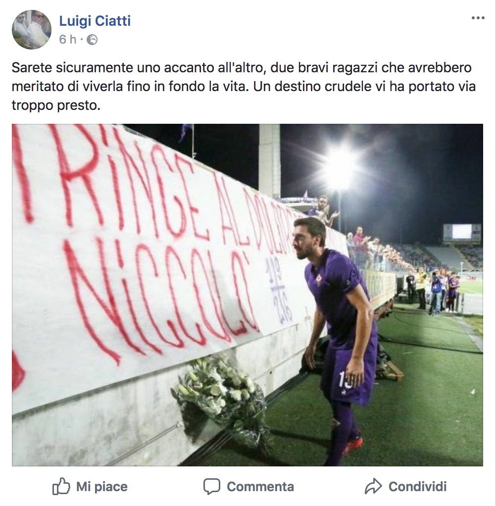 Luigi Ciatti ricorda Astori: "Con Niccolò sarete sicuramente uno accanto all'altro"