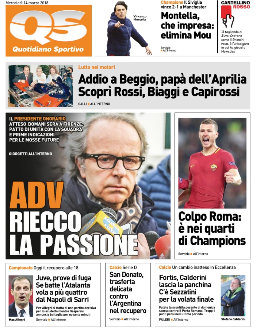 Quotidiani: la prima pagina di Qs, Stadio, Gazzetta, Corriere dello Sport, Tuttosport