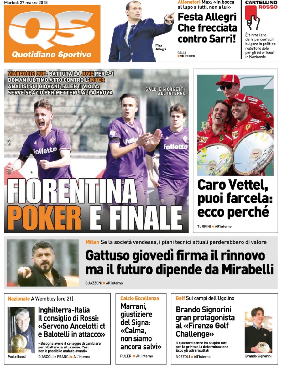 Quotidiani: la prima pagina di Qs, Stadio, Gazzetta, Corriere dello Sport, Tuttosport