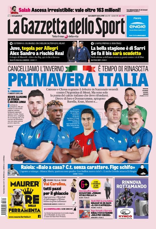 Quotidiani: la prima pagina di Qs, Stadio, Gazzetta, Corriere dello Sport, Tuttosport