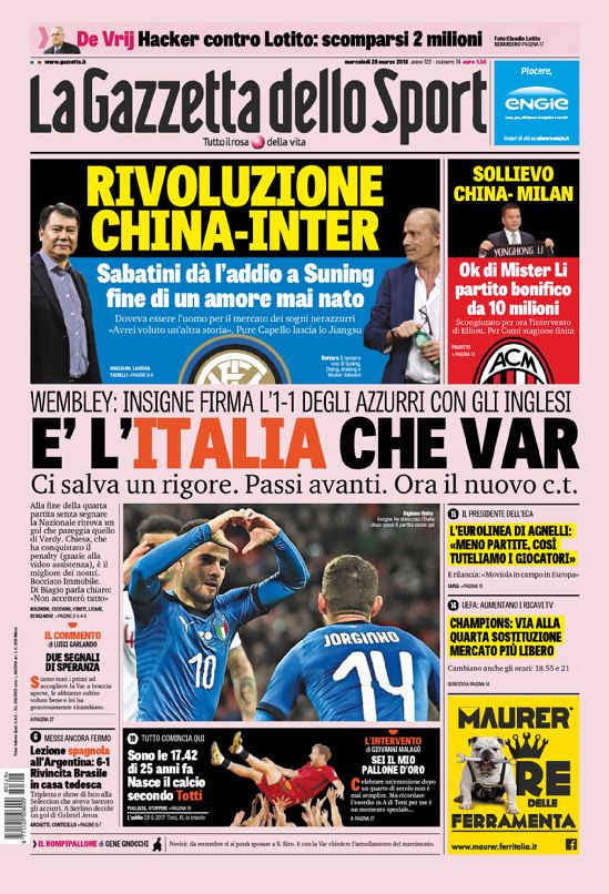 Quotidiani: la prima pagina di Qs, Stadio, Gazzetta, Corriere dello Sport, Tuttosport