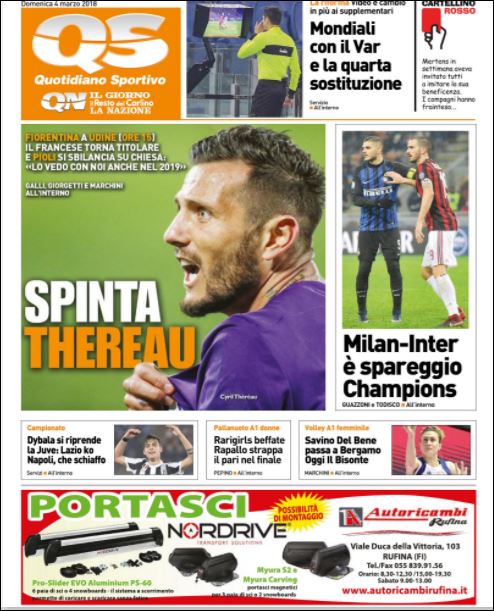 Quotidiani: la prima pagina di Qs, Stadio, Gazzetta, Corriere dello Sport, Tuttosport