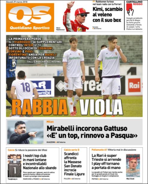 Quotidiani: la prima pagina di Qs, Stadio, Gazzetta, Corriere dello Sport, Tuttosport