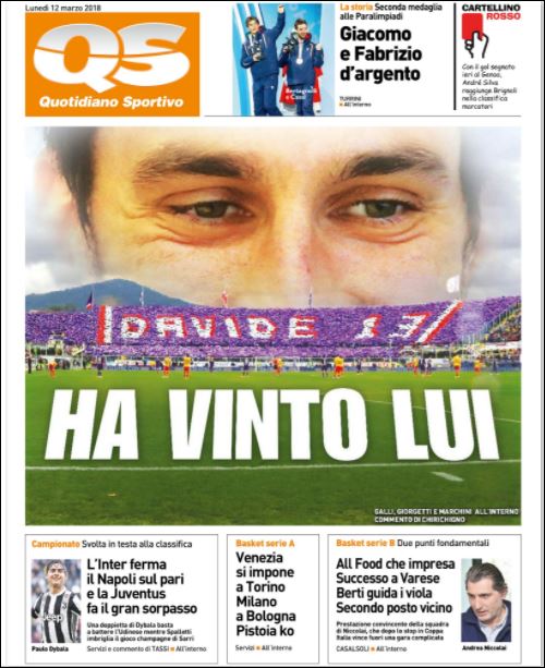 Quotidiani: la prima pagina di Qs, Stadio, Gazzetta, Corriere dello Sport, Tuttosport