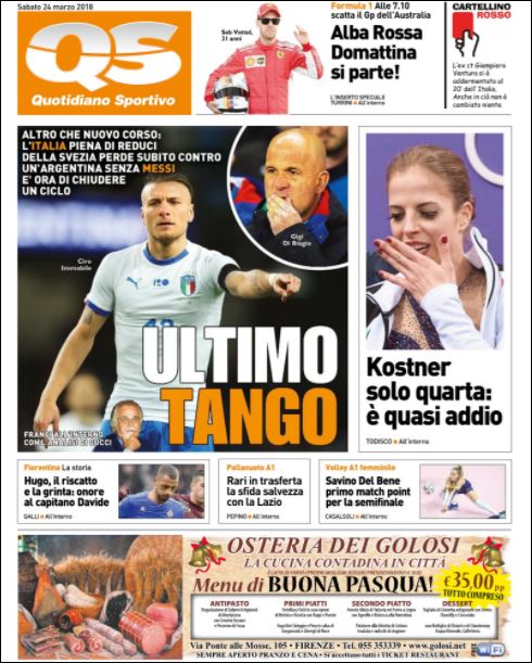 Quotidiani: la prima pagina di Qs, Stadio, Gazzetta, Corriere dello Sport, Tuttosport